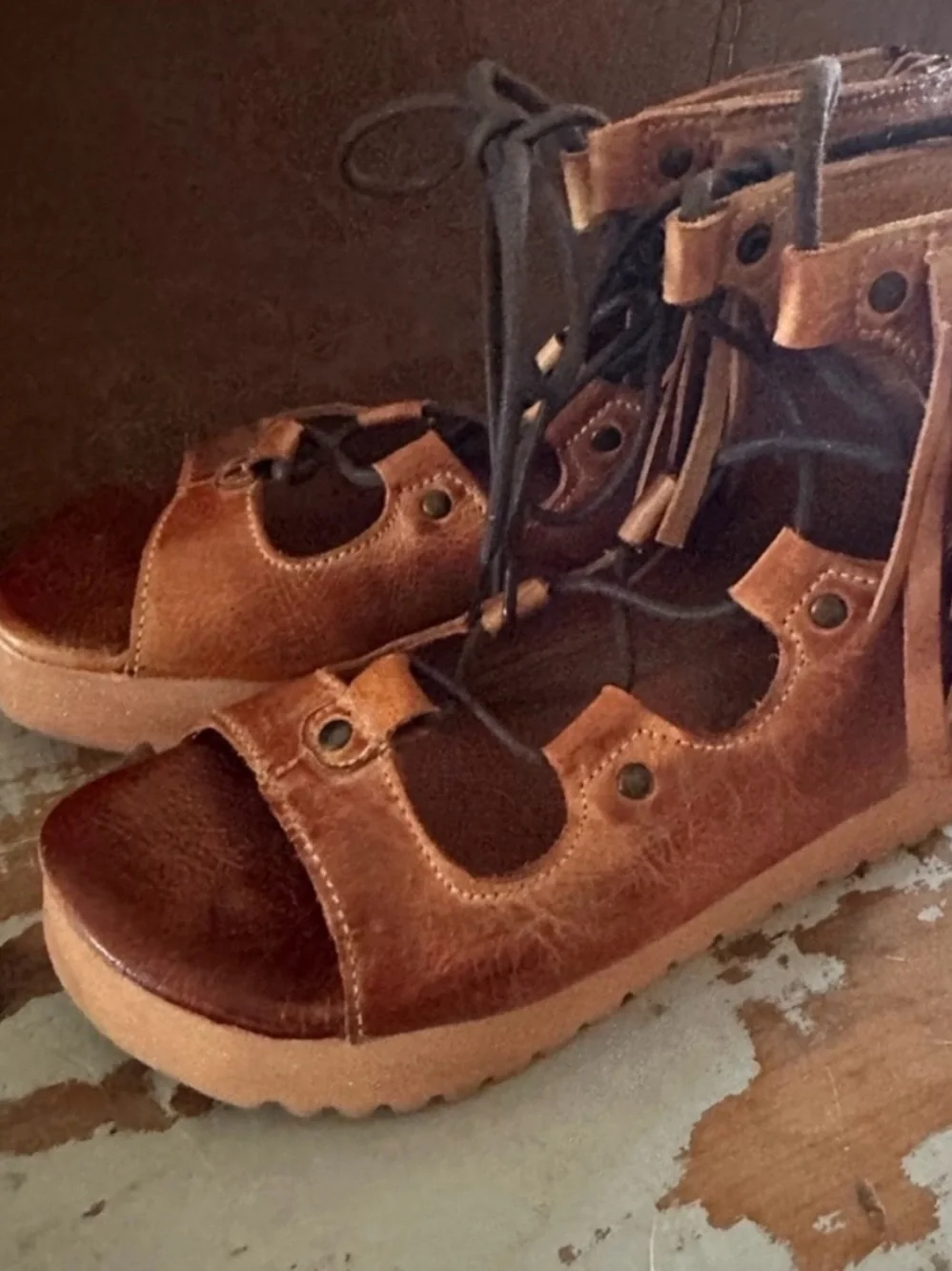 Boho BED STU Sandals Rare MADISON Boho Platform Cognac Fringe Size 7.5